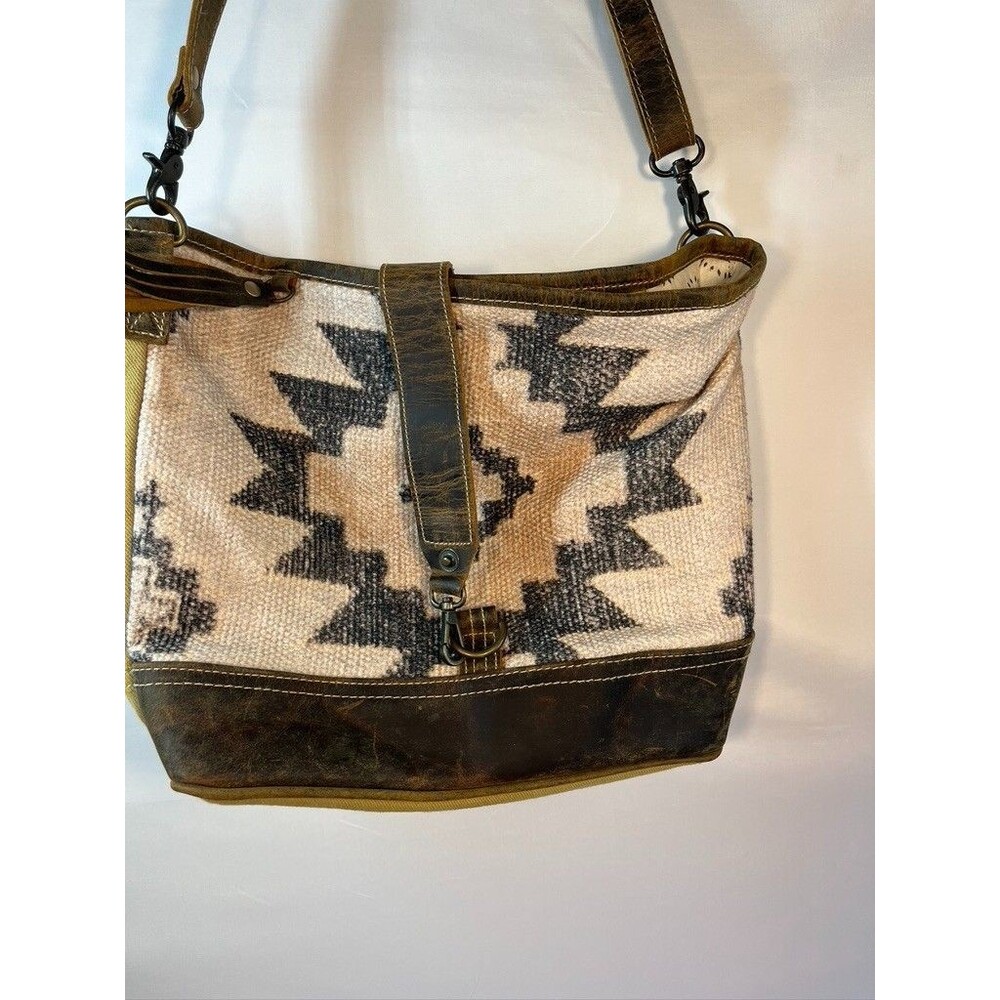 Myra Bag Leather Woven Cotton Canvas Aztec Bag Boho Shoulder Crossbody